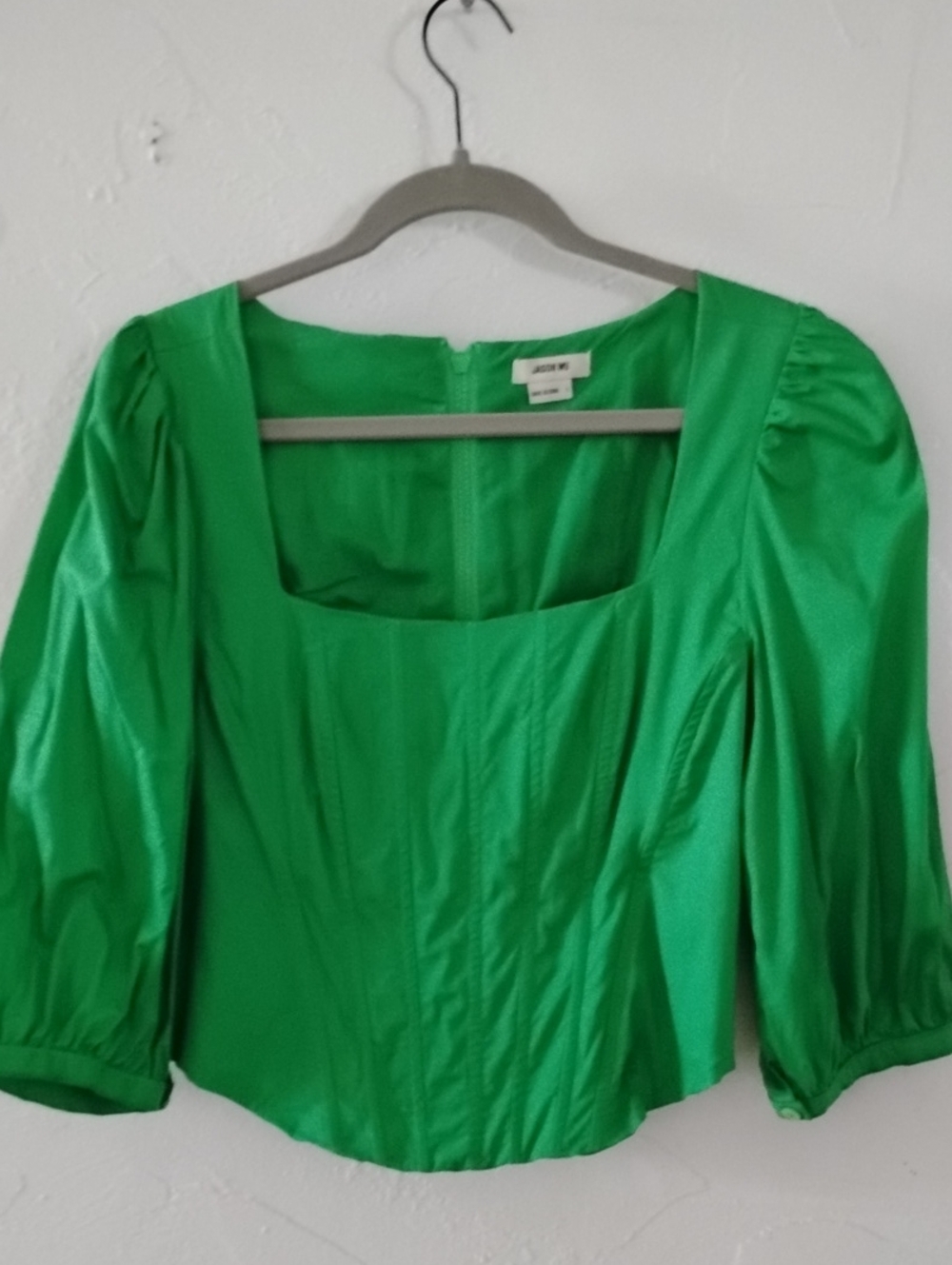 Jason Wu Bright Green Square-Neck Puff Sleeve Corset Blouse Sz L